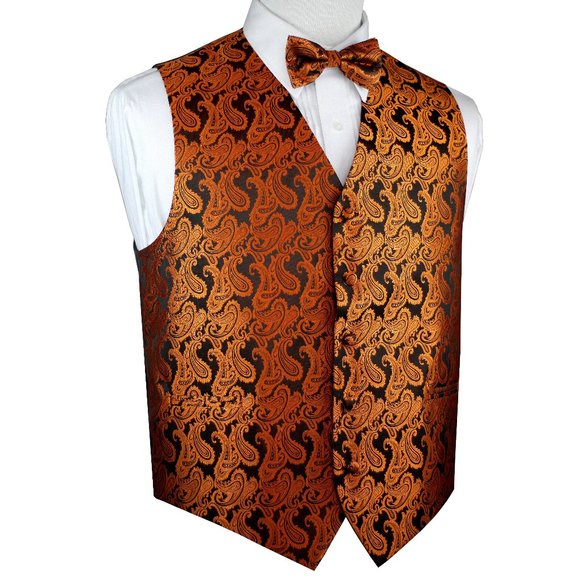Men's Formal Wedding Prom Tuxedo Vest Bow-Tie Hankie set - Burnt Orange Paisley - Picture 1 of 3